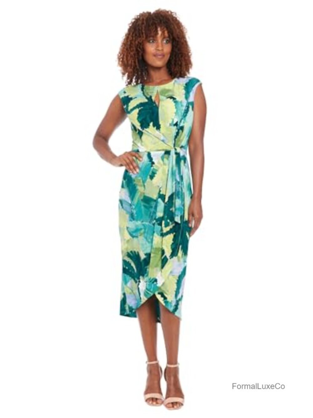 Cap Sleeve Midi Cocktail Dress Tulip Hem Wrapped Waist Tie